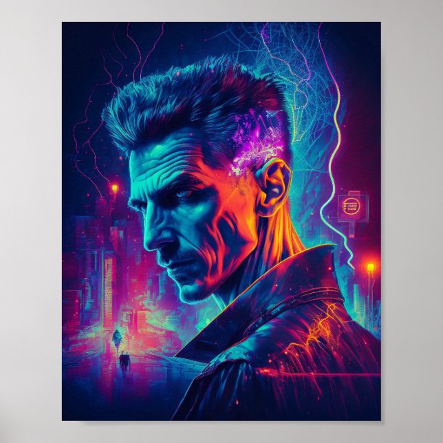 Cyberpunk Nikola Tesla in the city Poster (Front)