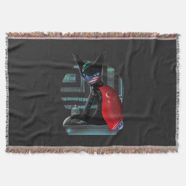  Cyberpunk Ninja Black Cat Throw Blanket (Front)