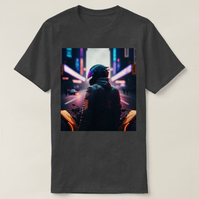 Cyberpunk Outrun Biker Motorcycle Motorcyclist Fut T-Shirt (Design Front)
