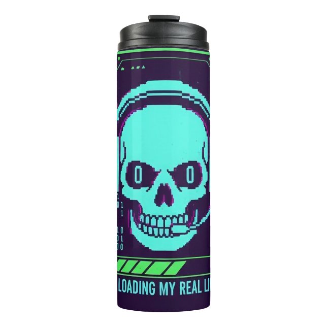 ​Cyberpunk Pixel Skull Travel Mug - Loading My Rea (Front)