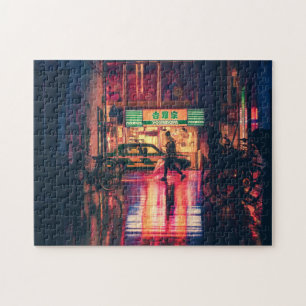 Cyberpunk puzzle, cool scifi japan street scene jigsaw puzzle