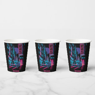 Cyberpunk Retro Neon City & Sports Car Graphic Paper Cups