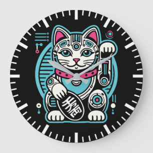 Cyberpunk Robot Maneki Neko Lucky Cat, Money Large Clock