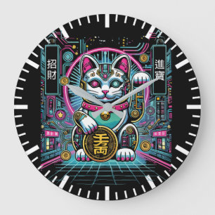 Cyberpunk Robot Maneki Neko Lucky Cat, Money Large Clock