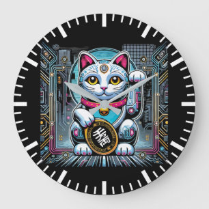 Cyberpunk Robot Maneki Neko Lucky Cat, Money Large Clock