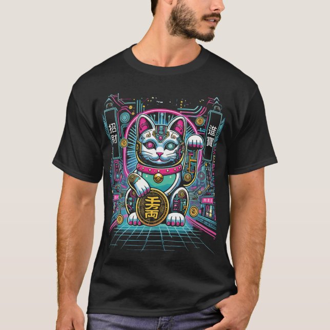 Cyberpunk Robot Maneki Neko Lucky Cat, Money T-Shirt (Front)
