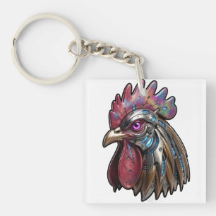 Cyberpunk Rooster Iridescent Mechanical Art Key Ring