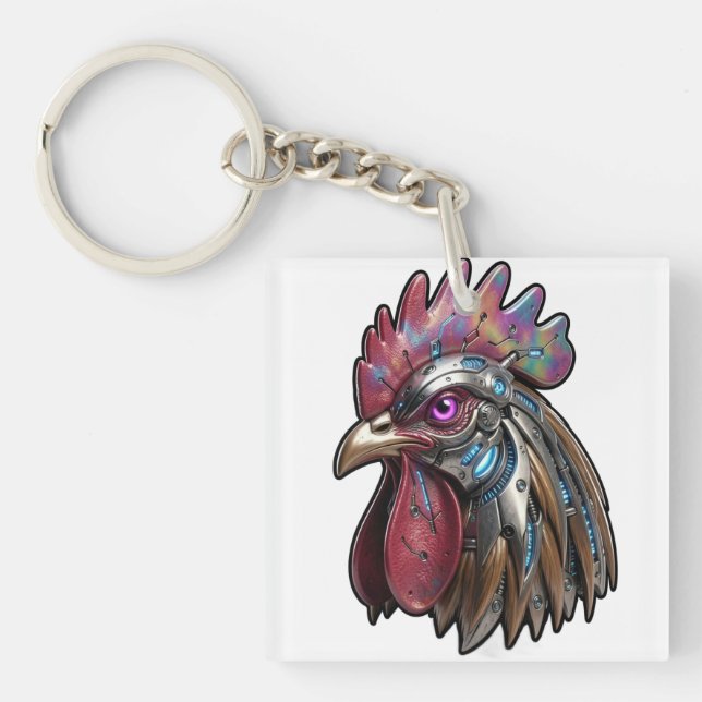 Cyberpunk Rooster Iridescent Mechanical Art  Key Ring (Front)