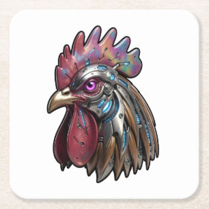 Cyberpunk Rooster Iridescent Mechanical Art  Square Paper Coaster