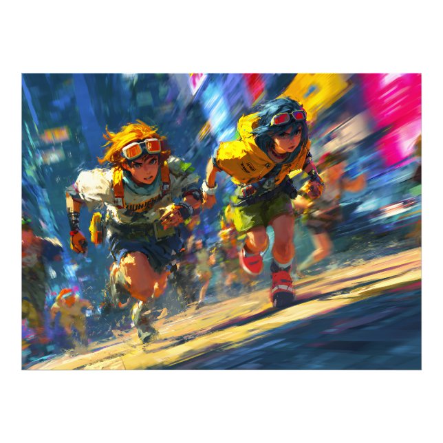 Cyberpunk Runners Sprint Neon Rain City Action Art Photo Print (Front)