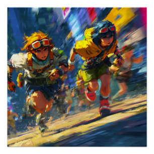 Cyberpunk Runners Sprint Neon Rain City Action Art Poster