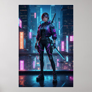 Cyberpunk Samurai Girl   Neon City Warrior Poster