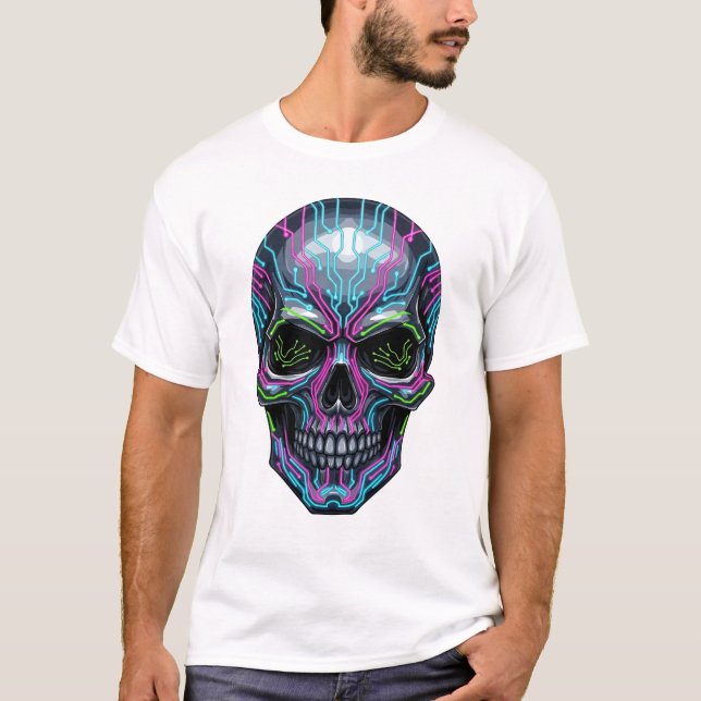 Cyberpunk Skeleton T-Shirt – Futuristic Neon Skull (Front)