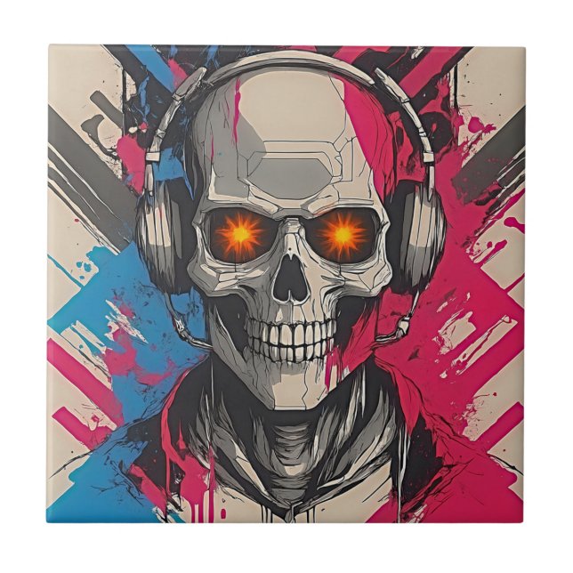 Cyberpunk Skull Headphones Ceramic Tile (Front)