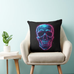 Cyberpunk Skull Neon Synthwave Glow Gamer Goth Cushion