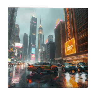 Cyberpunk Skyscrapper City Cars Ceramic Tile