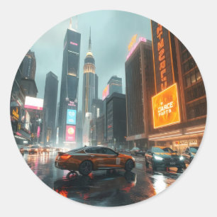 Cyberpunk Skyscrapper City Cars Classic Round Sticker