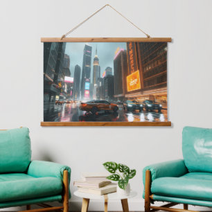 Cyberpunk Skyscrapper City Cars Hanging Tapestry