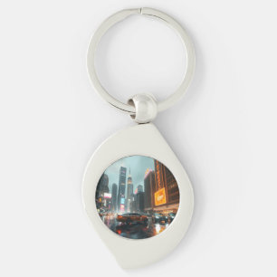 Cyberpunk Skyscrapper City Cars Key Ring