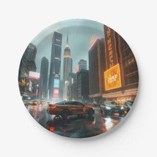 Cyberpunk Skyscrapper City Cars Paper Plate
