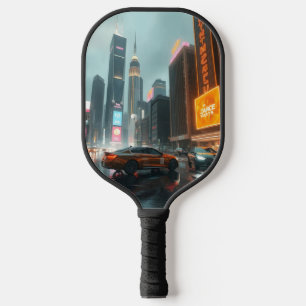Cyberpunk Skyscrapper City Cars Pickleball Paddle