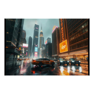Cyberpunk Skyscrapper City Cars Poster