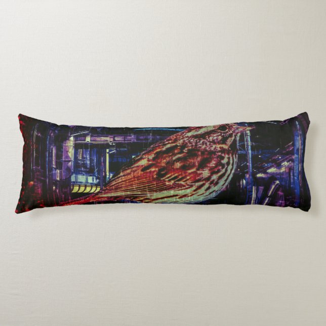 Cyberpunk Sparrow in Neon Cityscape Body Cushion (Front)