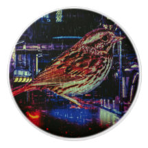 Cyberpunk Sparrow in Neon Cityscape