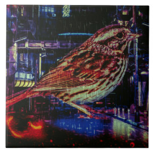 Cyberpunk Sparrow in Neon Cityscape Ceramic Tile