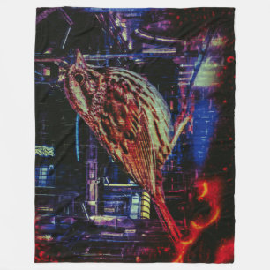 Cyberpunk Sparrow in Neon Cityscape Fleece Blanket