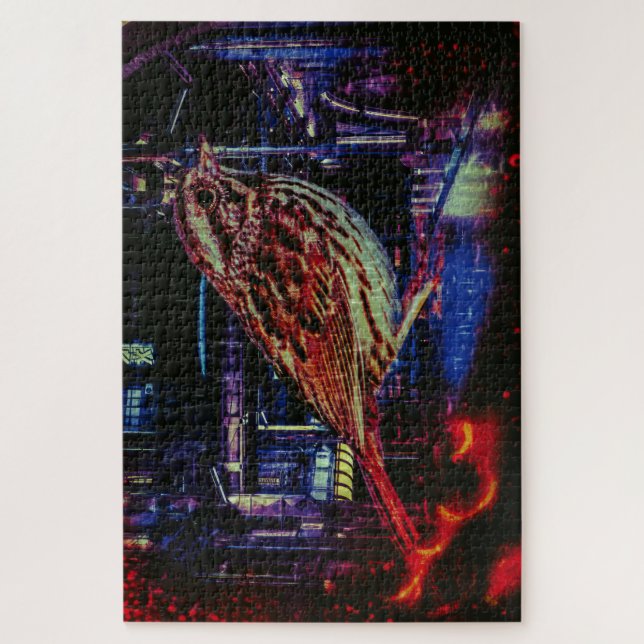 Cyberpunk Sparrow in Neon Cityscape Jigsaw Puzzle (Vertical)