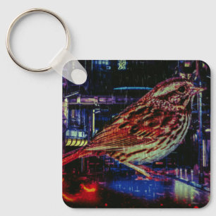 Cyberpunk Sparrow in Neon Cityscape Key Ring