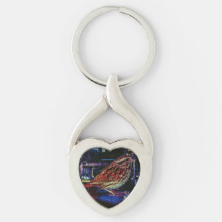 Cyberpunk Sparrow in Neon Cityscape Key Ring