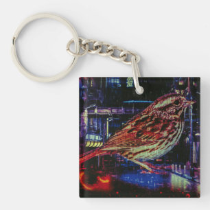 Cyberpunk Sparrow in Neon Cityscape Key Ring