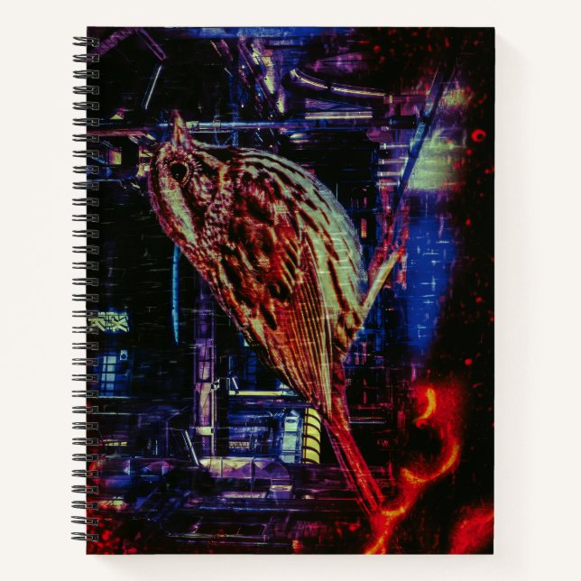 Cyberpunk Sparrow in Neon Cityscape Notebook (Front)