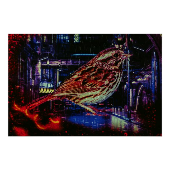 Cyberpunk Sparrow in Neon Cityscape Poster (Front)