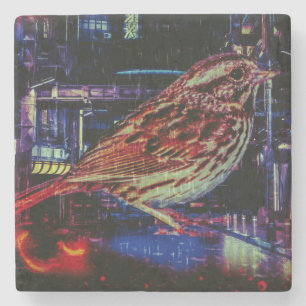 Cyberpunk Sparrow in Neon Cityscape Stone Coaster