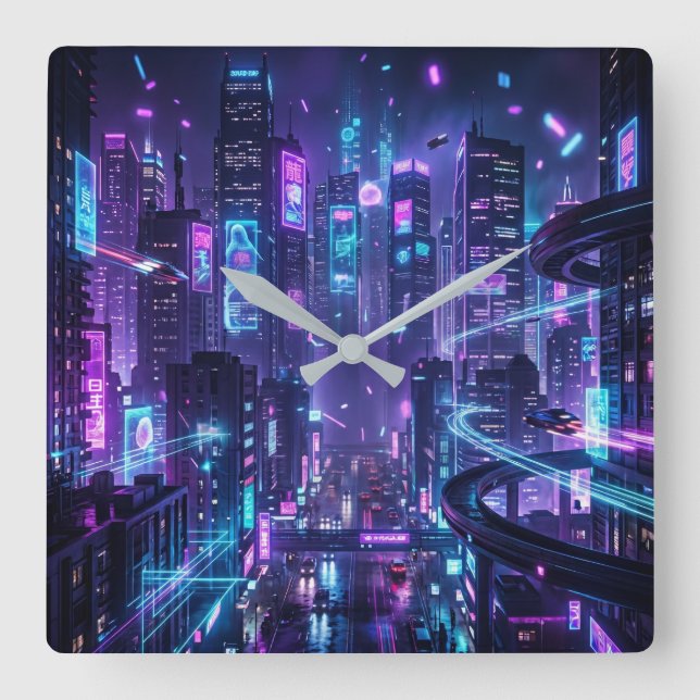 Cyberpunk Square Neon Futuristic Cityscape Wall Clock (Front)