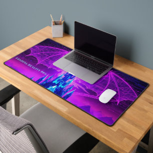 Cyberpunk Synthwave Fantasy Dragon Desk Mat - Neon
