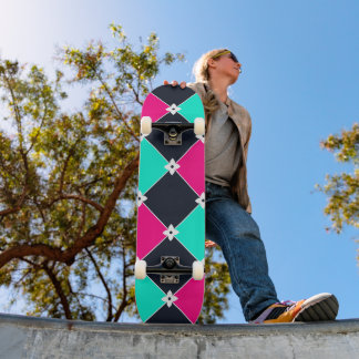 Cyberpunk Synthwave Pattern Fuchsia Turquoise Skateboard