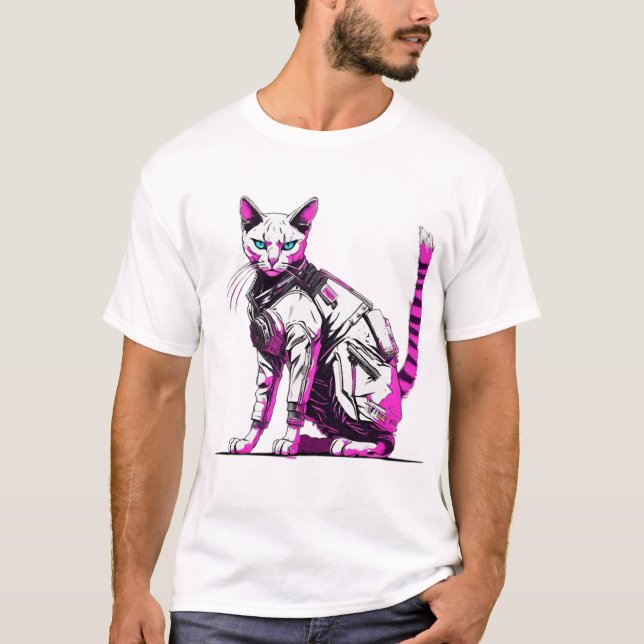 Cyberpunk Tactical Cat in Neon Gear T-Shirt (Front)