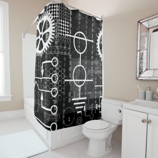Cyberpunk Tech Geek Gear Electronic Engineer Math Shower Curtain (In Situ)