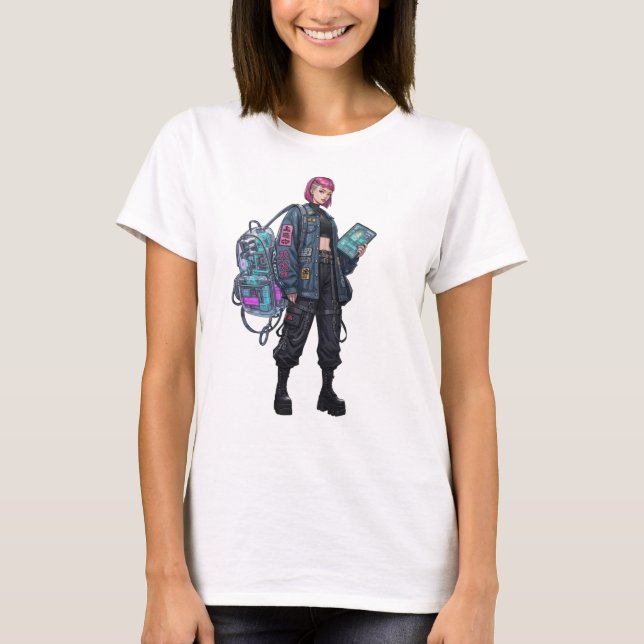 Cyberpunk Tech Girl with Pink Hair Poster   T-Shirt (Front)