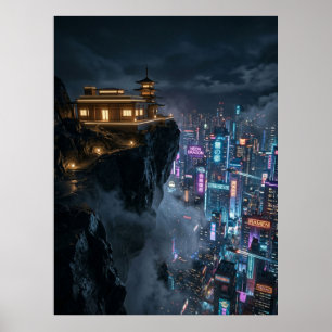 Cyberpunk Temple Over Neon City Poster