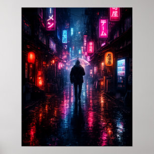 Cyberpunk Tokyo Rain Alley Neon Japanese Poster