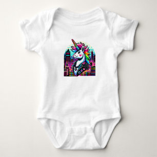 Cyberpunk Unicorn Neon Pixel Art Cityscape Design Baby Bodysuit