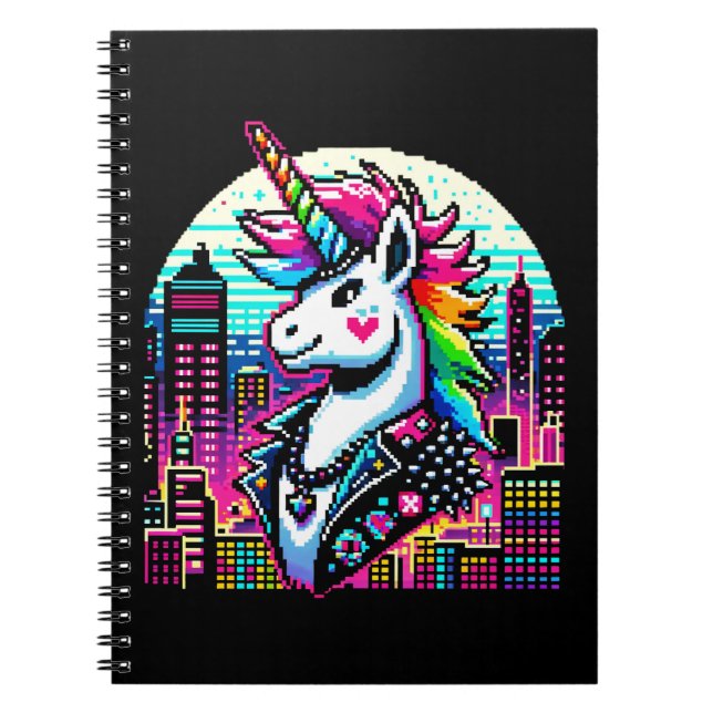 Cyberpunk Unicorn Neon Pixel Art Cityscape Design Notebook (Front)
