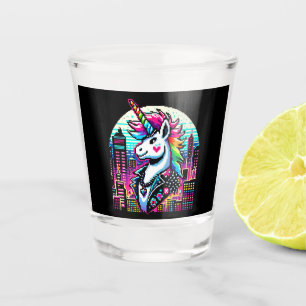 Cyberpunk Unicorn Neon Pixel Art Cityscape Design Shot Glass