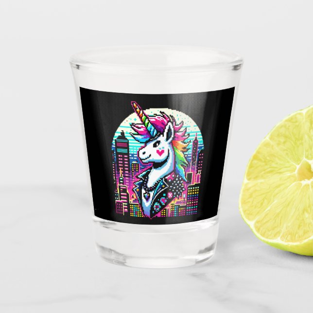 Cyberpunk Unicorn Neon Pixel Art Cityscape Design Shot Glass (Front)