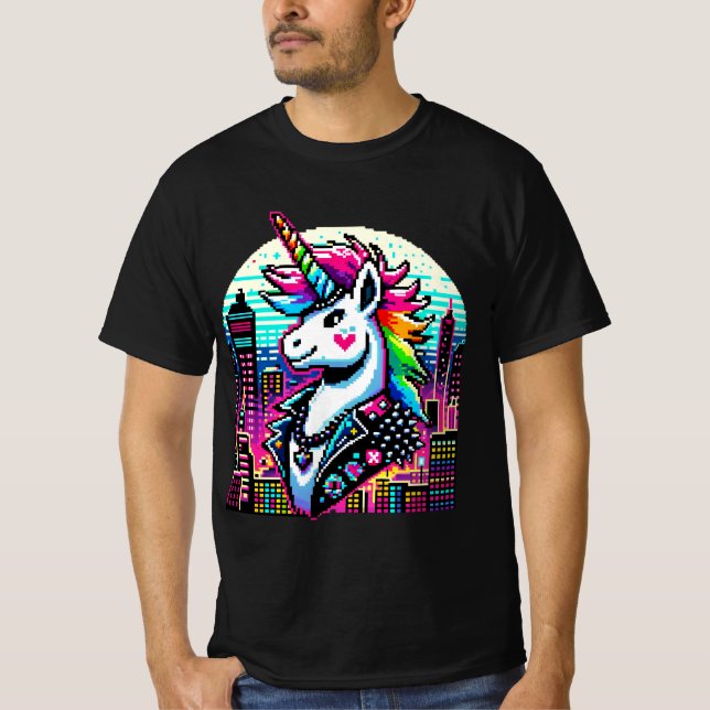 Cyberpunk Unicorn Neon Pixel Art Cityscape Design T-Shirt (Front)